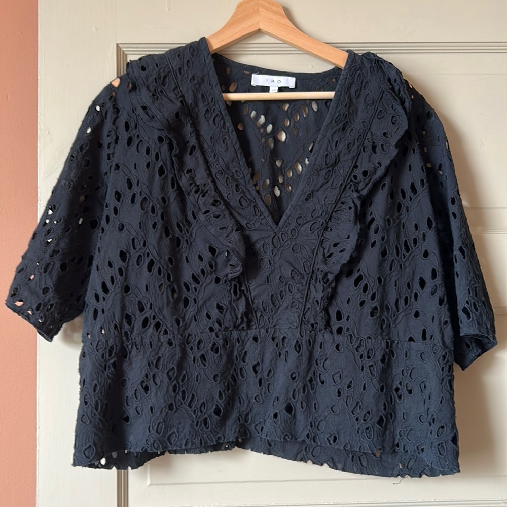 IRO black eyelet v neck short sleeve blouse - 36